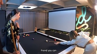 Bisexual Threesome With Two Brown-Haired Beauties On A Pool Table
